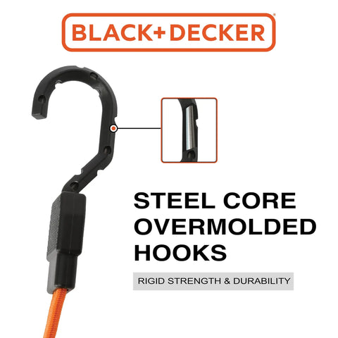 36 Inch Flat Bungee Straps 2 Pack With Coated Steel Hooks And Easy Grip Pad detail showing steel core overmolded hook