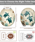 Teal Resin Toilet Seat for Bathroom with size measurement guide, showing round and elongated options with turtle design.