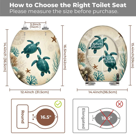 Teal Resin Toilet Seat for Bathroom with size measurement guide, showing round and elongated options with turtle design.