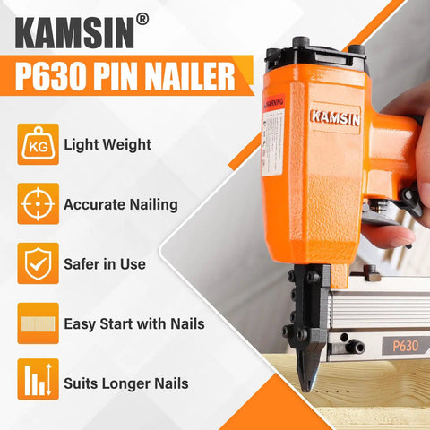 Lightweight 23 Gauge Pneumatic Headless Pin Nailer Kit With 10000 Pins, showcasing compact design and safety features.