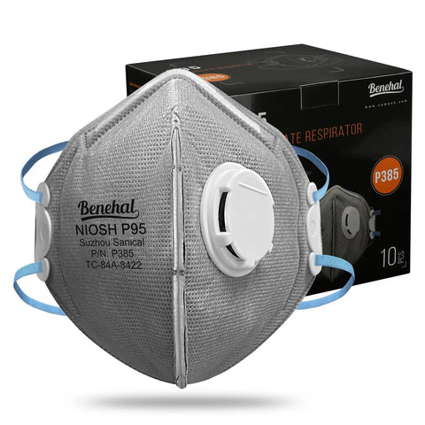 P95 Face Mask With Carbon Layer For Odor Reduction Exhalation Valve And Advanced Filtration For Oil Based Particles Easy Breathing And All Day Comfort No Fuss Fit With Adjustable Straps And Cushioned Nose Bridge 10 Pack front view