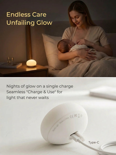 Mother using Baby Night Light For Nursery And Nighttime Feeds, Soft BPA Free Silicone, Eye Caring Glow, USB-C charge, on table.