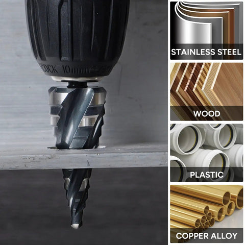 Four Spiral Flute Step Drill Bit in use, drilling into metal, showcasing compatibility with stainless steel, wood, plastic, copper.