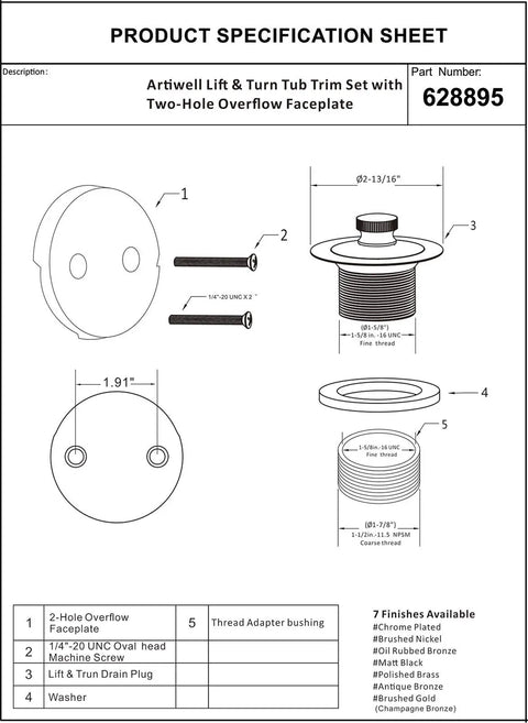 Lift And Turn Bathtub Drain Stopper Kit With Two Hole Overflow Faceplate Brass Tub Conversion Kit Easy Install Universal Fine And Coarse Thread Brushed Nickel Finish technical specification sheet.