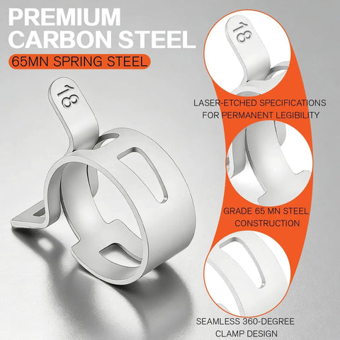 Premium carbon steel 65MN spring band clamp, seamless design, features of 352 Piece Spring Band Hose Clamp Kit With 15 Sizes From 6 To 25 Mm.