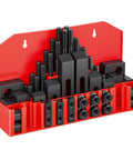 Bulletproof 58 Piece 5/8 Inch T Slot Clamping Kit With 1/2 By 13 Threads For Milling Machine And Drill Press Tables, organized black tools on red holder.