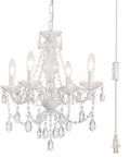 Plug In Crystal Ceramic White Chandelier With Clear Cord And Toggle Switch, Four Light Hanging Pendant Lamp Super Bright For Kitchen Dining Room Foyer Bedroom Instant Glow Up, detailed view with clear crystals.