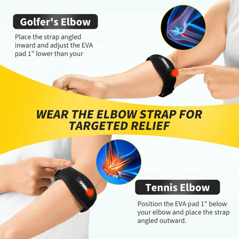 Person demonstrating 2 Pack Tennis Elbow Brace Strap For Tendonitis Pain Relief With Contoured EVA Pad for tennis and golfer's elbow.