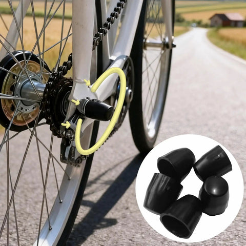 8 Pack Bicycle Axle Dust Cover Replacement Set installed on bike wheel hub with inset showing durable black plastic axle caps