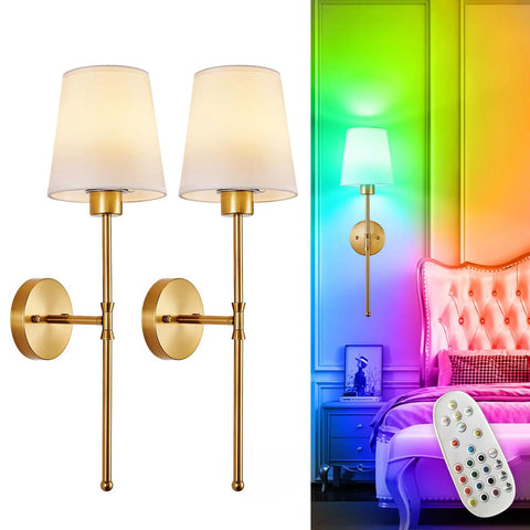 Set Of Two Wireless Wall Sconces With Rechargeable Dimmable Led Bulbs And Remote Control delivering vibrant shades in gold design.