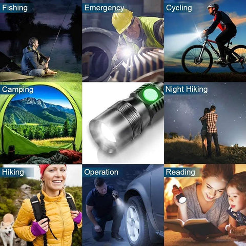 Collage showing Dope 3 In 1 UV Black Light Flashlight With Magnetic Base used in various activities like fishing, cycling, and camping.