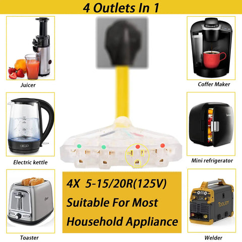 RV 50 Amp To 110V Adapter Cord With 4 Prong NEMA 14 50P with outlets powering appliances like juicer and coffee maker