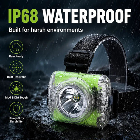 Rechargeable 40A Hard Hat Miner Headlamp IP68 Waterproof LED Cap Light shown in wet conditions, highlighting rain-readiness.