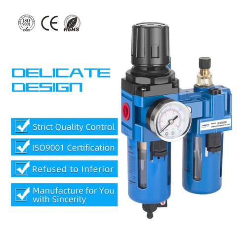 Three Eighths NPT Compressed Air Filter Regulator Lubricator Combo with gauge and poly bowl