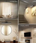 16 Inch Wall Mounted Picture Light With Slick Cct Dimming And Long Lasting Rechargeable Battery Paired With A Wireless Remote highlighting artwork in living room and display cabinet.