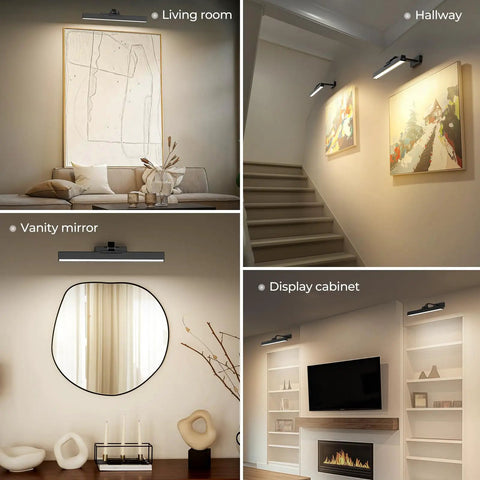 16 Inch Wall Mounted Picture Light With Slick Cct Dimming And Long Lasting Rechargeable Battery Paired With A Wireless Remote highlighting artwork in living room and display cabinet.