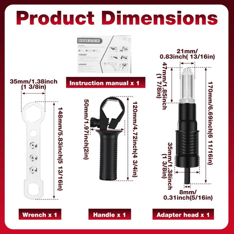 Rivet Adapter Kit For Cordless Drill With 4 Interchangeable Heads 2.4mm 3.2mm 4.0mm 4.8mm dimensions and components