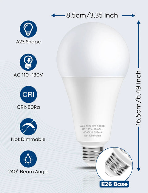 Go To Ultra Bright 300W Equivalent LED Bulbs With 4060 Lumens Daylight 5000K, 33W Energy Saving, Non Dimmable E26 Base 120V, front view