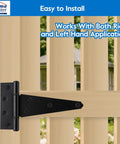 Heavy Duty Six Inch T Strap Gate Hinges Black Six Pack With Complete Hardware Set For Quick Install on wooden gate.