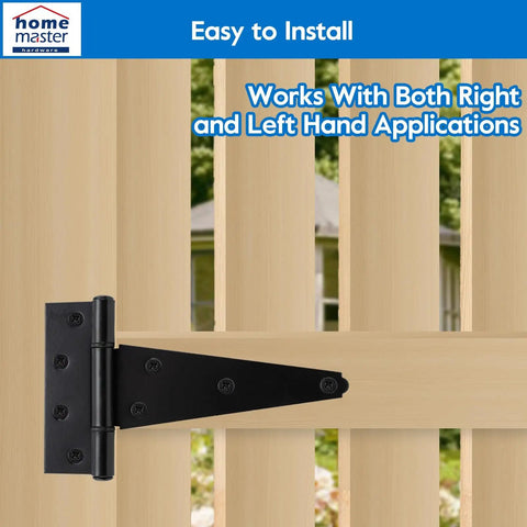 Heavy Duty Six Inch T Strap Gate Hinges Black Six Pack With Complete Hardware Set For Quick Install on wooden gate.