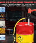 Big Iron 110V Electric Liquid Transfer Pump For Oil Diesel And Water With Stainless Steel Hose W 1980W Motor, close-up of pump on red barrel.