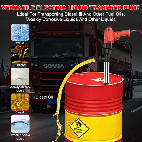 Big Iron 110V Electric Liquid Transfer Pump For Oil Diesel And Water With Stainless Steel Hose W 1980W Motor, close-up of pump on red barrel.