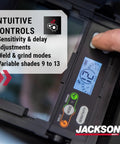 Close-up of Featherweight Auto Darkening Welding Helmet With HLX Shell Design controls for sensitivity and delay adjustment.