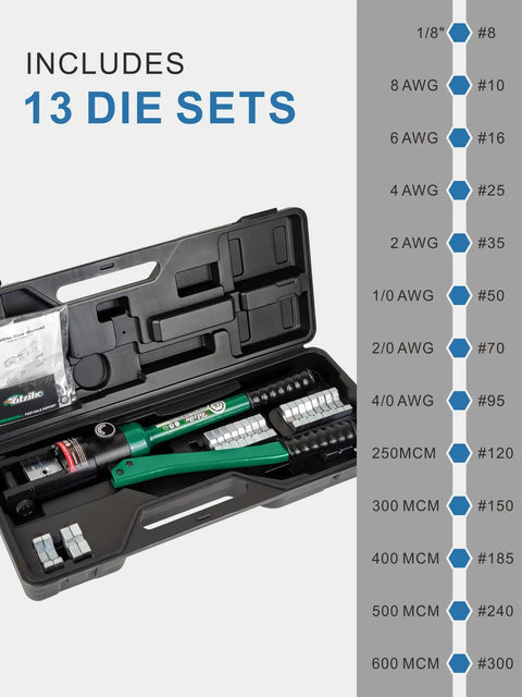 Beefy 16 Ton Hydraulic Cable Lug Crimper Kit With 13 Die Set For 9 AWG To 600 MCM Wires, Heavy Duty Electrical Terminal Crimp Tool, Pro Grade Wire Crimping Kit