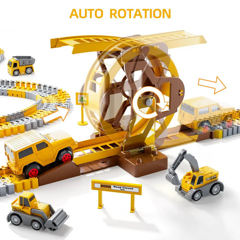 Awesome Construction Race Track Playset With 299 Pieces Of Flexible Track System Includes Race Cars Mini Trucks A Bridge Signs And Trees For Ages 3 4 5 6 A Great Gift For Young Builders, showing rotating bridge and mini construction vehicles
