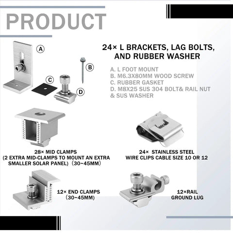 Diagram of solar panel mounting kit components, including L brackets, mid clamps, end clamps, wire clips, and screws