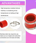 Intake Manifold Inlet Pipe Adapter Kit For Predator 301cc 420cc 459cc Engines And GX340 GX390 GX270 Carburetors shown with red silicone pipe and stainless steel clamps.