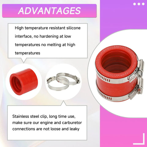 Intake Manifold Inlet Pipe Adapter Kit For Predator 301cc 420cc 459cc Engines And GX340 GX390 GX270 Carburetors shown with red silicone pipe and stainless steel clamps.