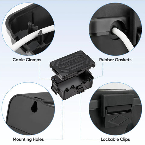 IP54 Splash Proof Outdoor Electrical Box Cover For Power Strips And Holiday Lights, Weatherproof Extension Cord Box With Gaskets And Cable Clamps, Keeps Plugs, Timers And Sockets Safe In Cold Weather, Black, Large