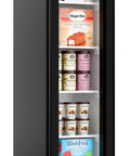 Slick Commercial Display Freezer With 6.5 Cubic Feet Capacity And 17 Inch Slim Profile, featuring a black finish and triple pane glass front.