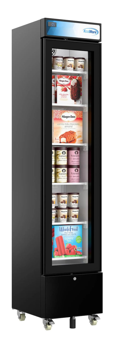 Slick Commercial Display Freezer With 6.5 Cubic Feet Capacity And 17 Inch Slim Profile, featuring a black finish and triple pane glass front.