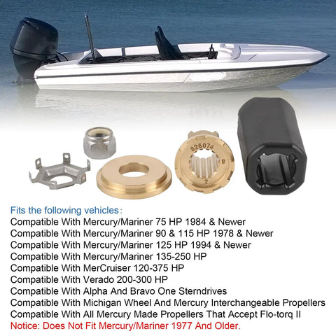Flo Torq II Hub Kit For Mercury Outboards And MerCruiser Sterndrives Plug And Play Replaces 835257Q1 Fits Mercury Mariner 75 90 115 125 135 250 HP 60-300 HP Engines Alpha Bravo One Drives Verado Compatible