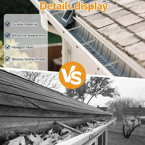 Comparison of gutter with Durable Steel Gutter Screws Kit With 7 Inch Screws And Hex Socket For Roof Repair And Gutter Maintenance, 49 Pieces, Easy To Install Coarse Thread, Includes Rings And Hex Socket For Sagging Gutters and neglected gutter with leaves.