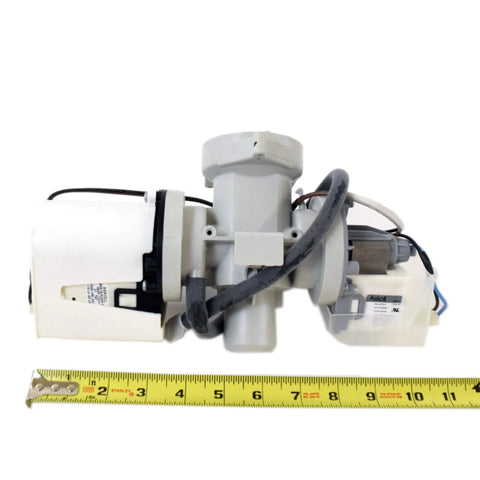 Genuine OEM Drain Pump Assembly AHA72973309 for washing machines, measuring tape beside for scale, wiring harness visible