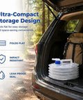 Collapsible Water Container With Spigot For Camping And Hiking in trunk with hiking gear, accordion foldable, leak-proof