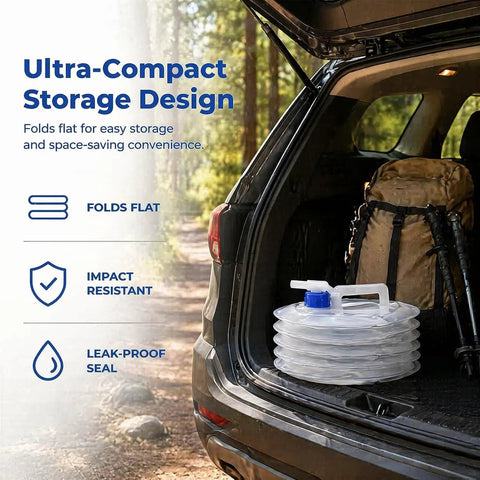 Collapsible Water Container With Spigot For Camping And Hiking in trunk with hiking gear, accordion foldable, leak-proof