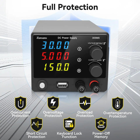 Portable Variable DC Power Supply 0 to 30V 0 to 5A for Lab Bench with 4 Digit LED Display and Real Time Readout, front view