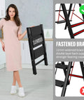 Woman holding 3 Step Folding Ladder Lightweight Aluminum Step Stool With Wide Anti Slip Pedals Sturdy 330 Lb Capacity for Home