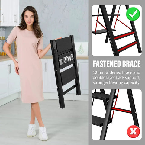 Woman holding 3 Step Folding Ladder Lightweight Aluminum Step Stool With Wide Anti Slip Pedals Sturdy 330 Lb Capacity for Home