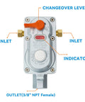 Top view of a 2 Stage Auto Changeover Propane Regulator Kit for RVs with dual tanks, showing labeled changeover lever and inlets.
