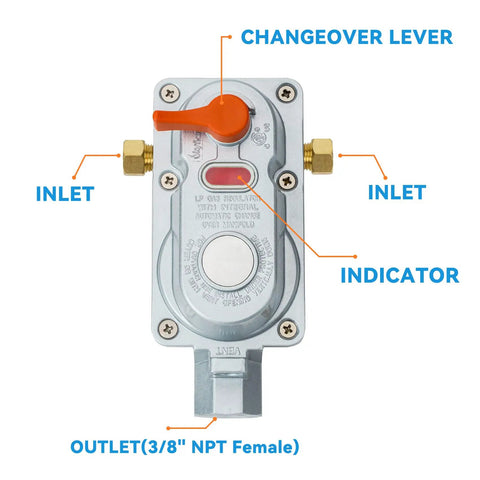 Top view of a 2 Stage Auto Changeover Propane Regulator Kit for RVs with dual tanks, showing labeled changeover lever and inlets.
