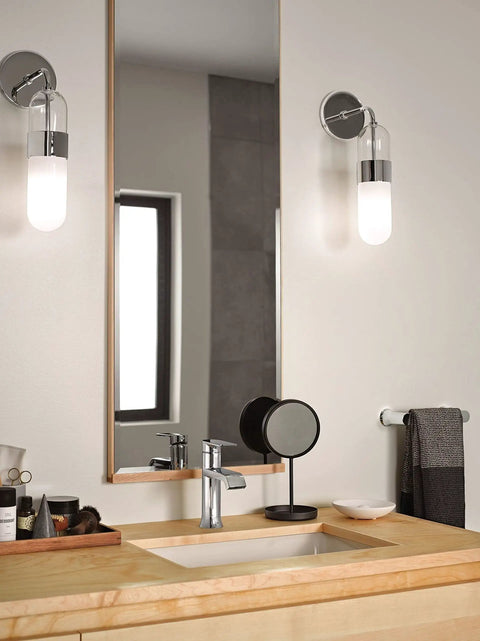 Bathroom with Genta LX Modern Towel Bar 6.8 Inch Chrome For Kitchen Or Bath, Sleek Wall Mount Towel Holder, visible next to sink