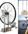 Beefed Up Bicycle Wheel Truing Stand With CNC Adjustment Nut And Three Precision Gauges For 10 To 29 Inch Wheels, side view.