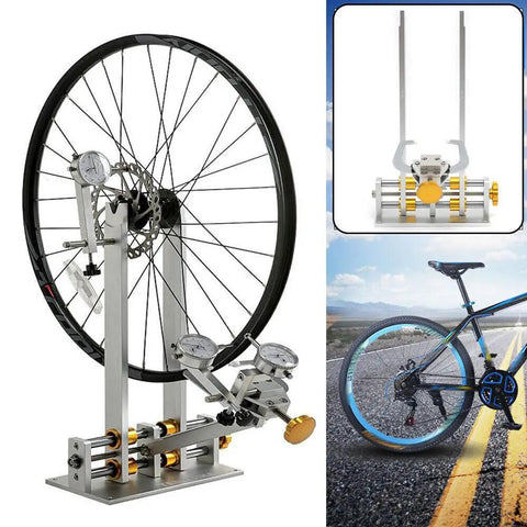 Beefed Up Bicycle Wheel Truing Stand With CNC Adjustment Nut And Three Precision Gauges For 10 To 29 Inch Wheels, side view.