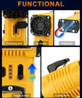 Functions of Turbo Charged No Fuss 130000 RPM Electric Air Duster with Light including charging port and magnetic base.