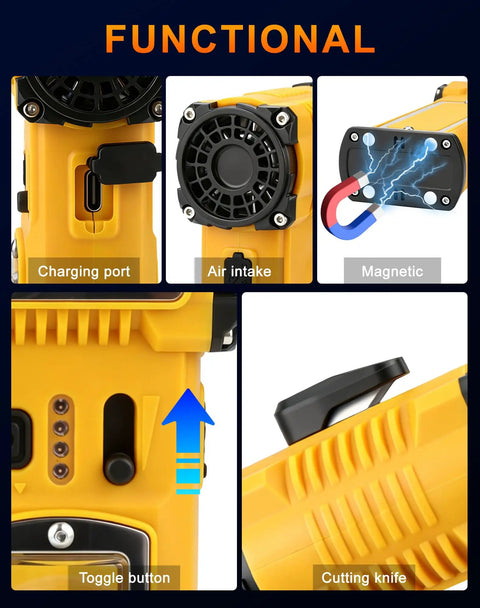 Functions of Turbo Charged No Fuss 130000 RPM Electric Air Duster with Light including charging port and magnetic base.